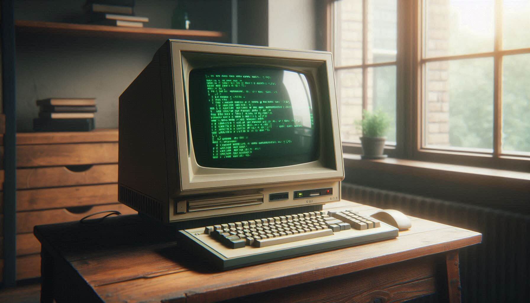 An old computer on a desk near window